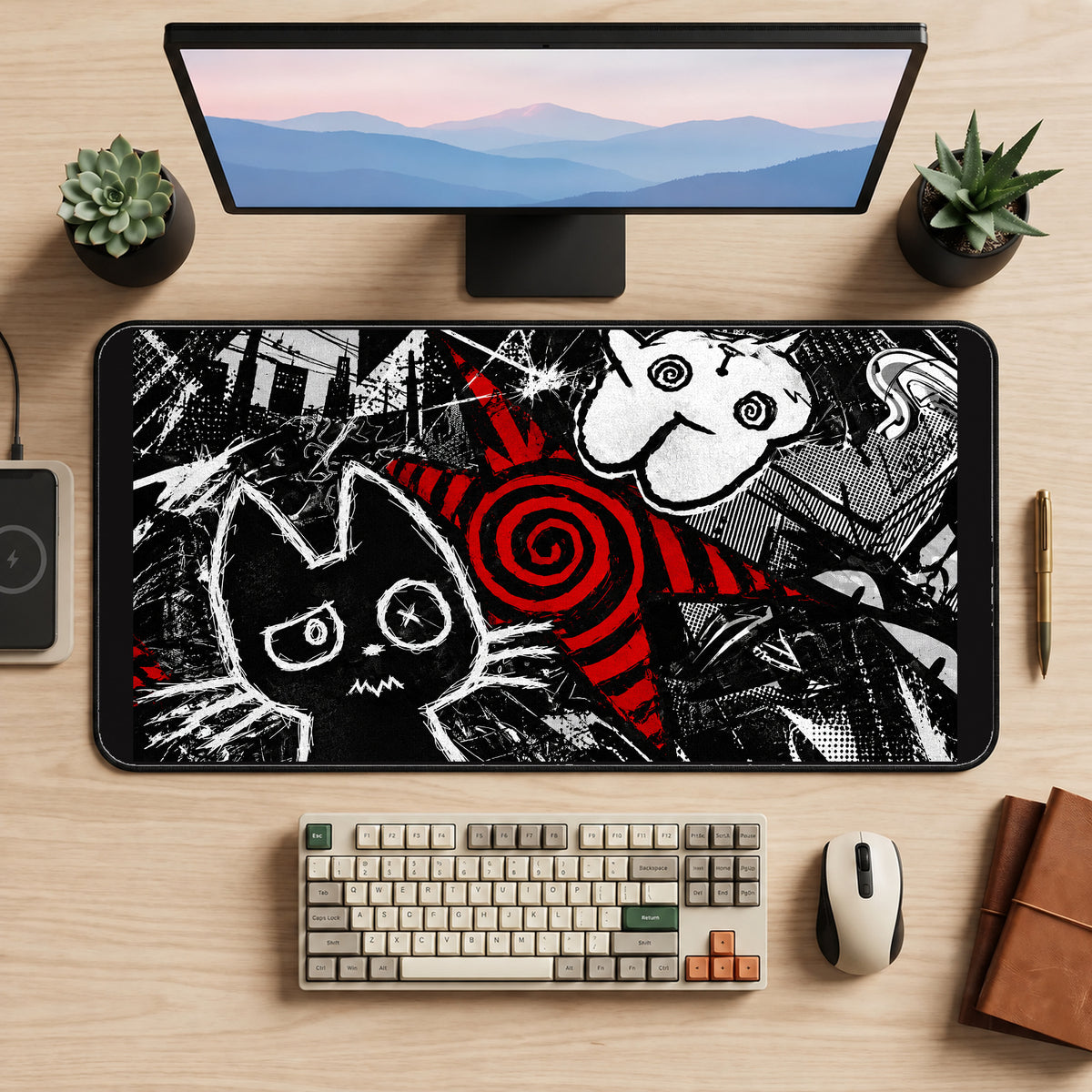 Black Cat and Red Spiral Collage desk mat — product mockup 2