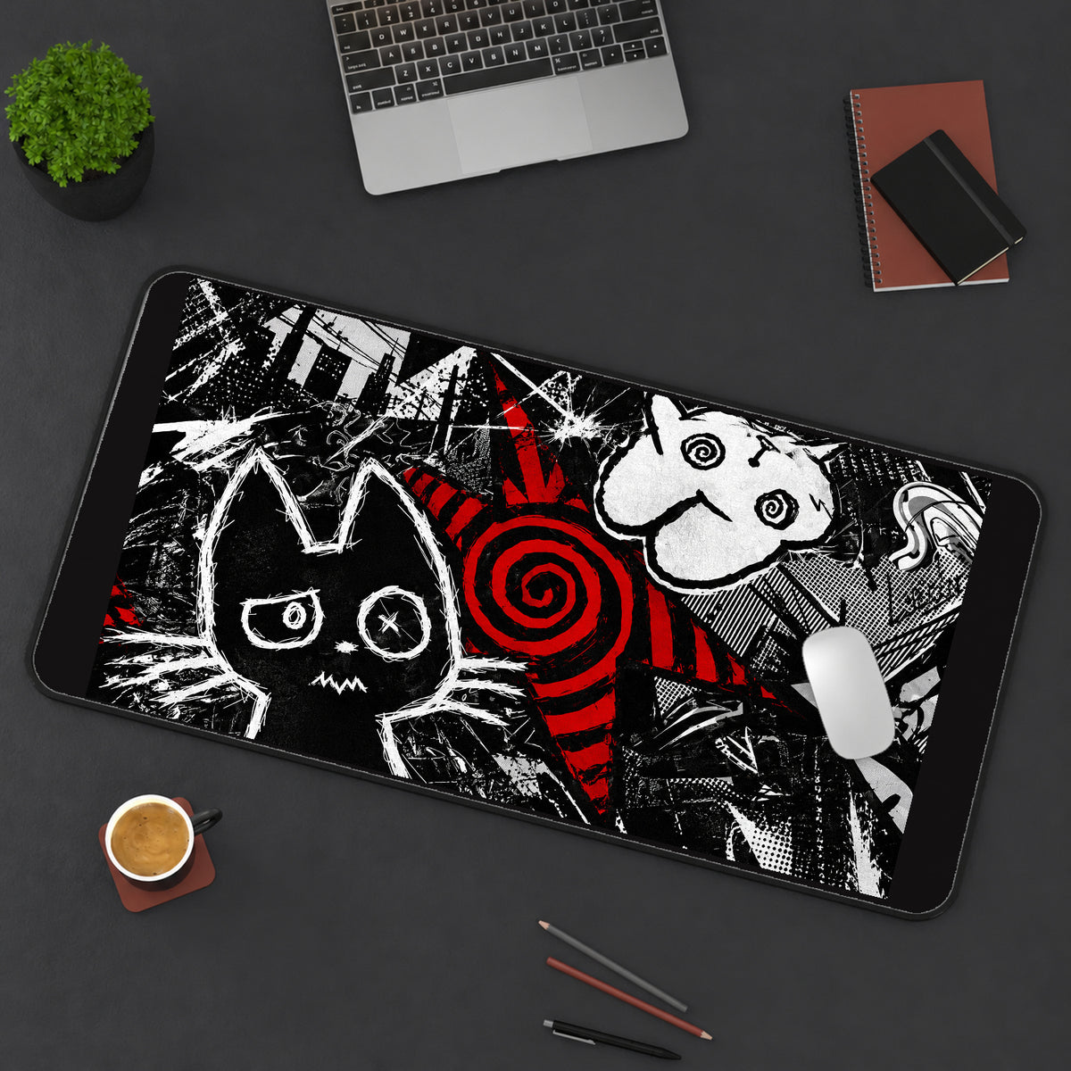 Black Cat and Red Spiral Collage desk mat — product mockup 3