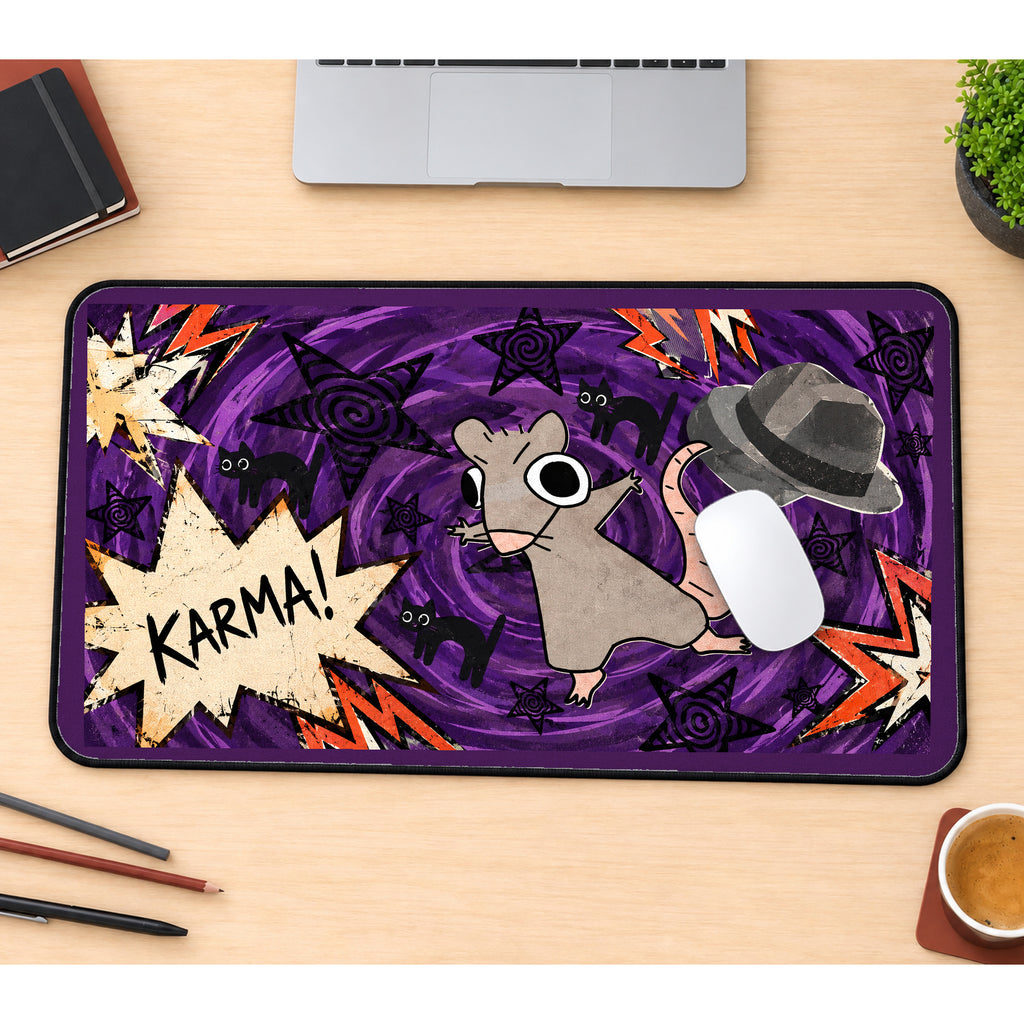 Karma Rat in a Purple Collage desk mat — product mockup 1