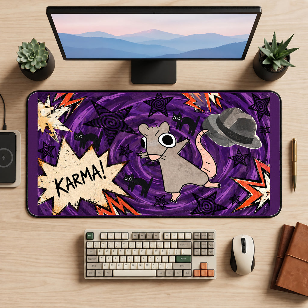 Karma Rat in a Purple Collage desk mat — product mockup 2