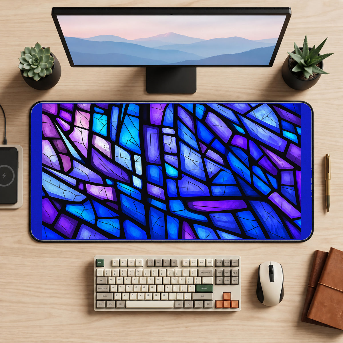 Blue and Purple Glass Geometry desk mat — product mockup 2