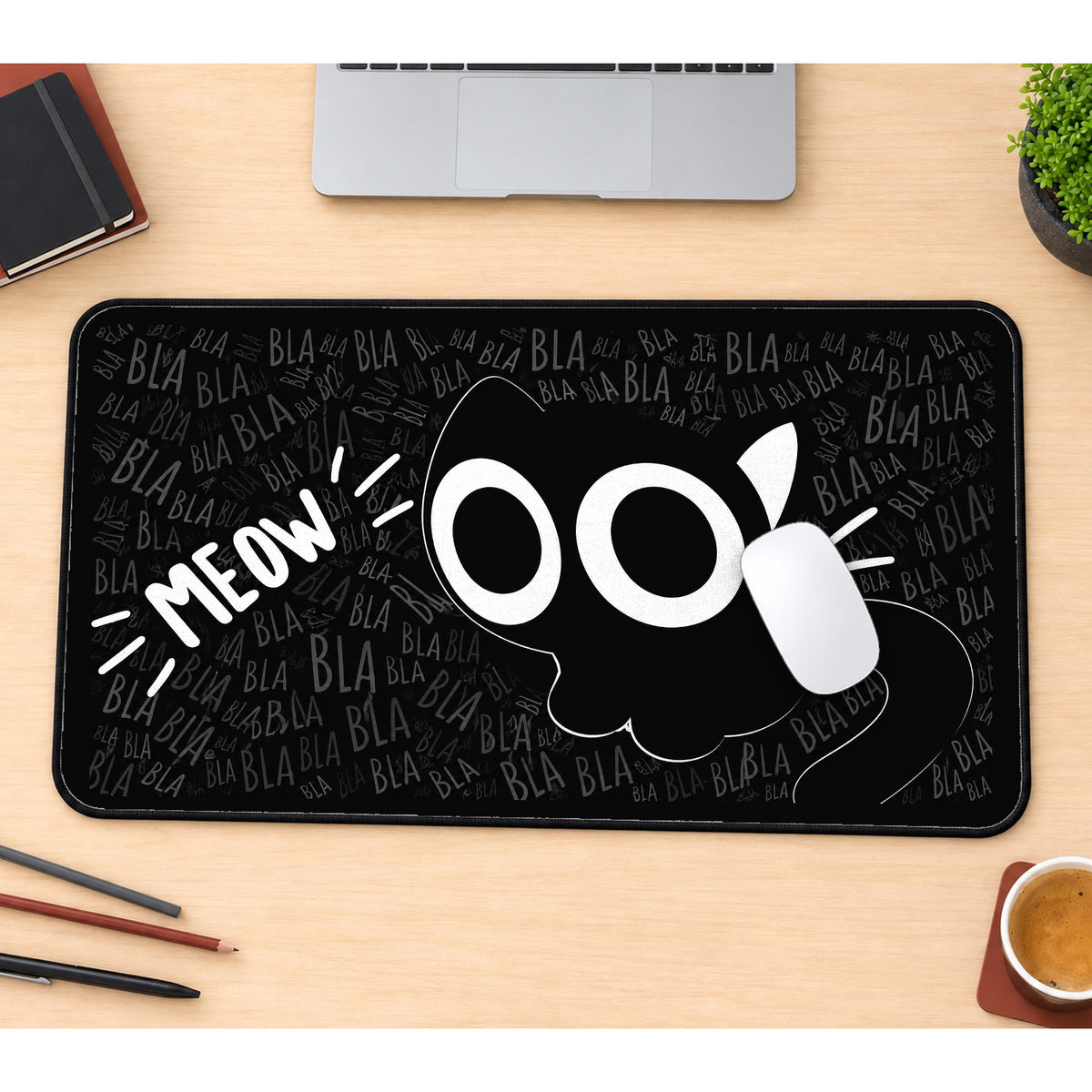 Meow Cat Eyes on Black desk mat — product mockup 1