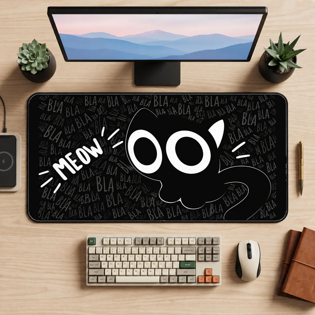Meow Cat Eyes on Black desk mat — product mockup 2