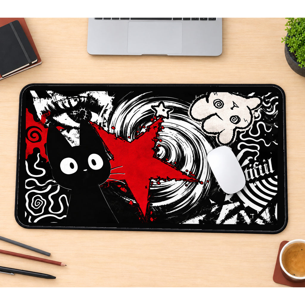 Grunge Cat and Red Star desk mat — product mockup 1