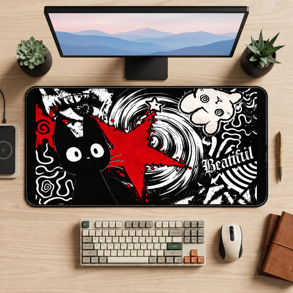Grunge Cat and Red Star desk mat — product mockup 2