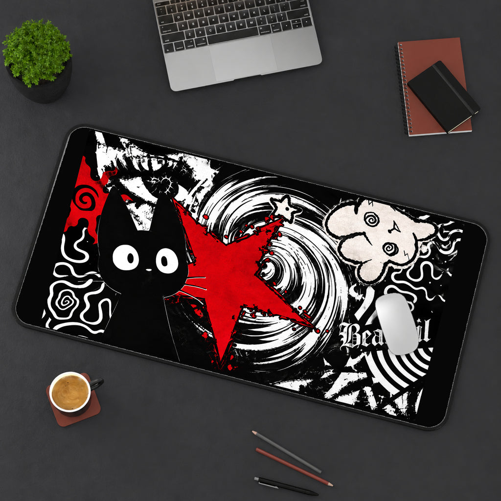 Grunge Cat and Red Star desk mat — product mockup 3