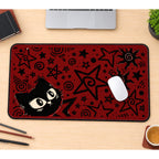 Black Cat on Red Doodles desk mat — product mockup 1