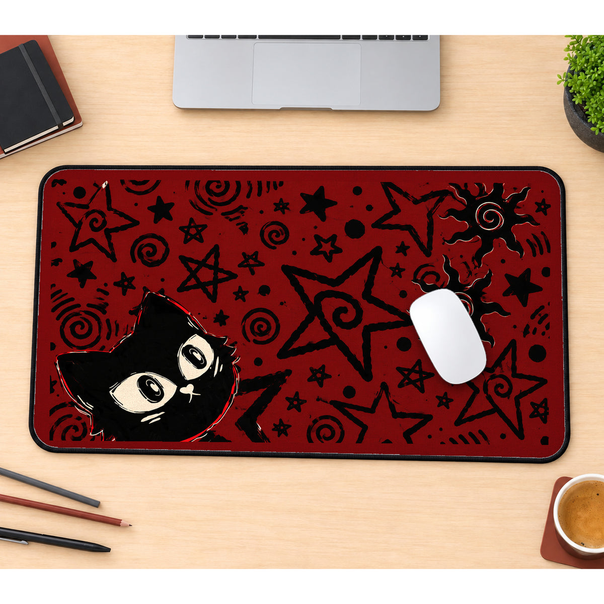 Black Cat on Red Doodles desk mat — product mockup 1