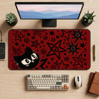 Black Cat on Red Doodles desk mat — product mockup 2