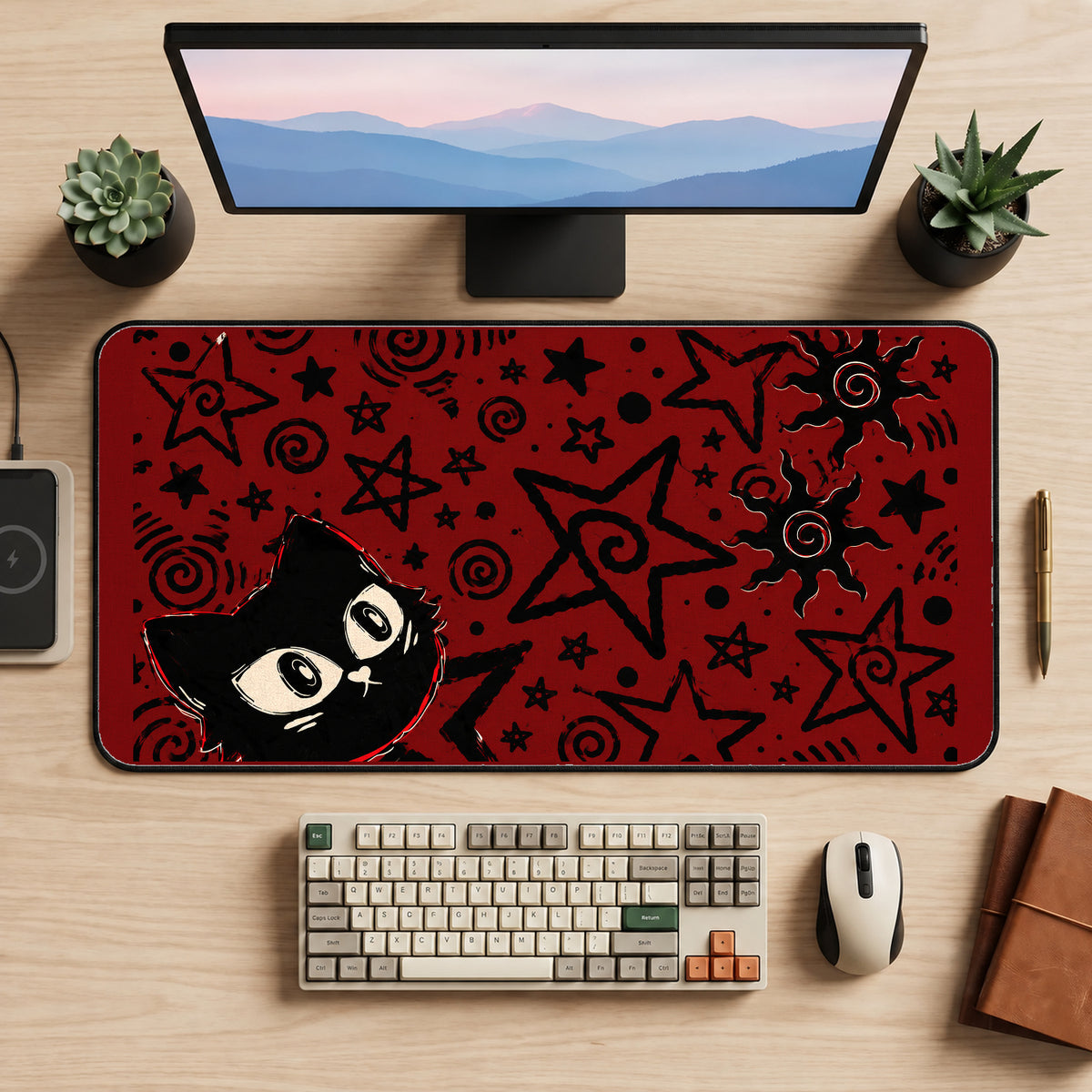 Black Cat on Red Doodles desk mat — product mockup 2