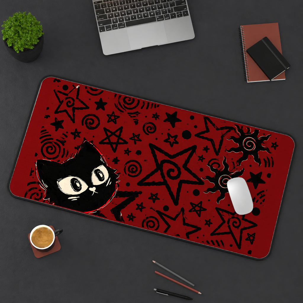 Black Cat on Red Doodles desk mat — product mockup 3