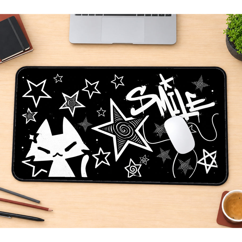 Smiling Cat and White Stars desk mat — product mockup 1