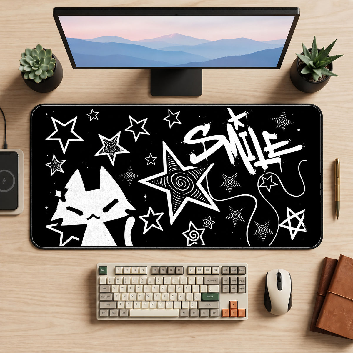 Smiling Cat and White Stars desk mat — product mockup 2