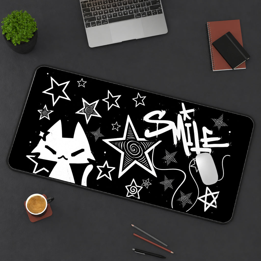 Smiling Cat and White Stars desk mat — product mockup 3