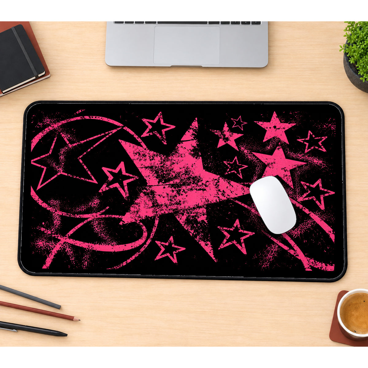 Distressed Hot Pink Stars desk mat — product mockup 1