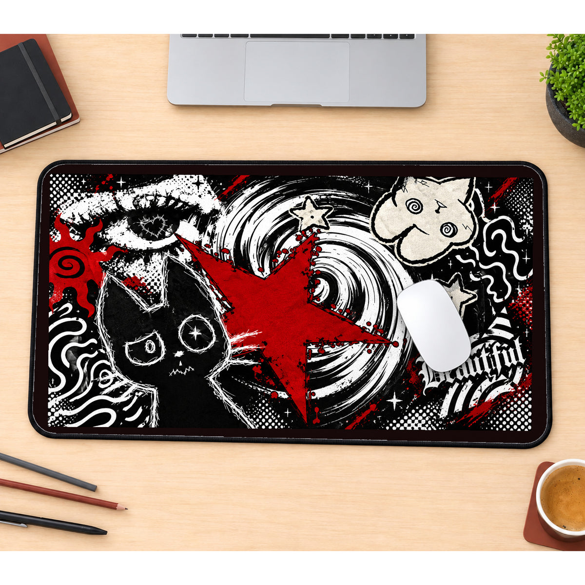 Red Star and Cat Graffiti desk mat — product mockup 1