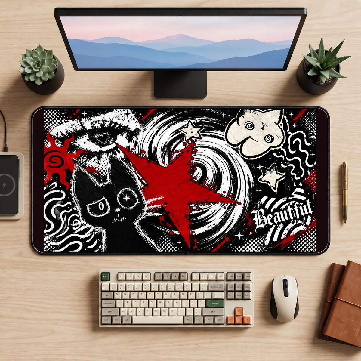 Red Star and Cat Graffiti desk mat — product mockup 2