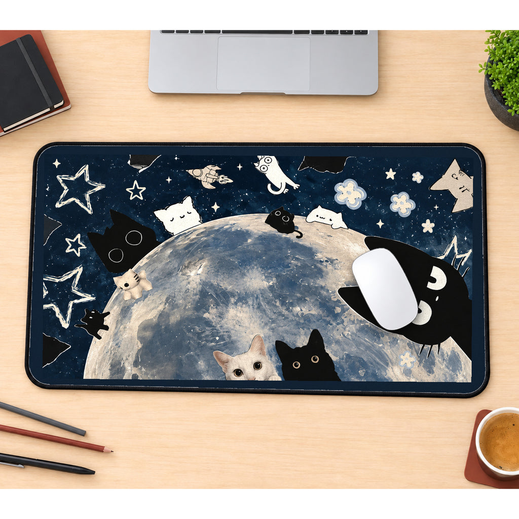 Cartoon Cats Around the Moon desk mat — product mockup 1