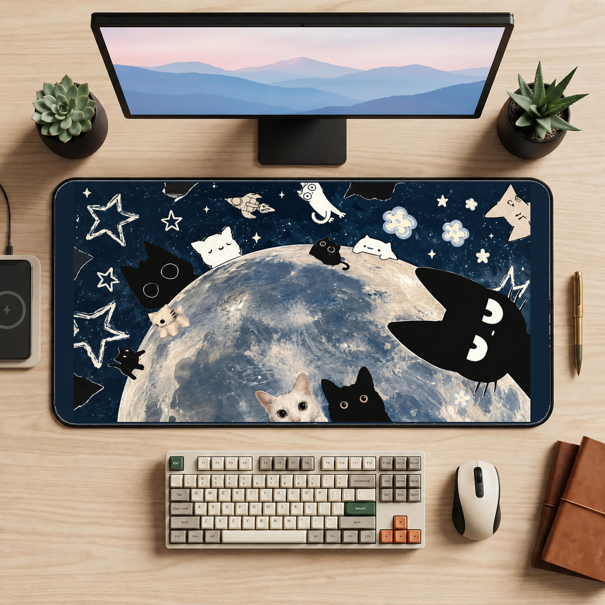 Cartoon Cats Around the Moon desk mat — product mockup 2