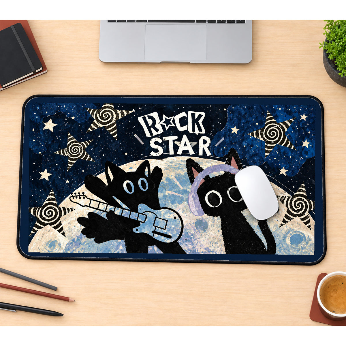 Rock Star Cats with Guitar desk mat — product mockup 1