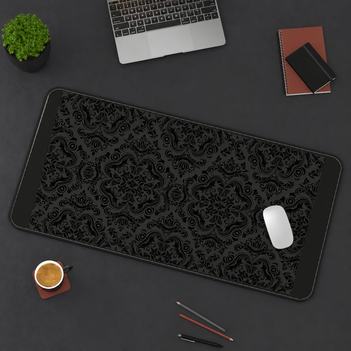 Charcoal Damask Scroll Pattern desk mat — product mockup 3