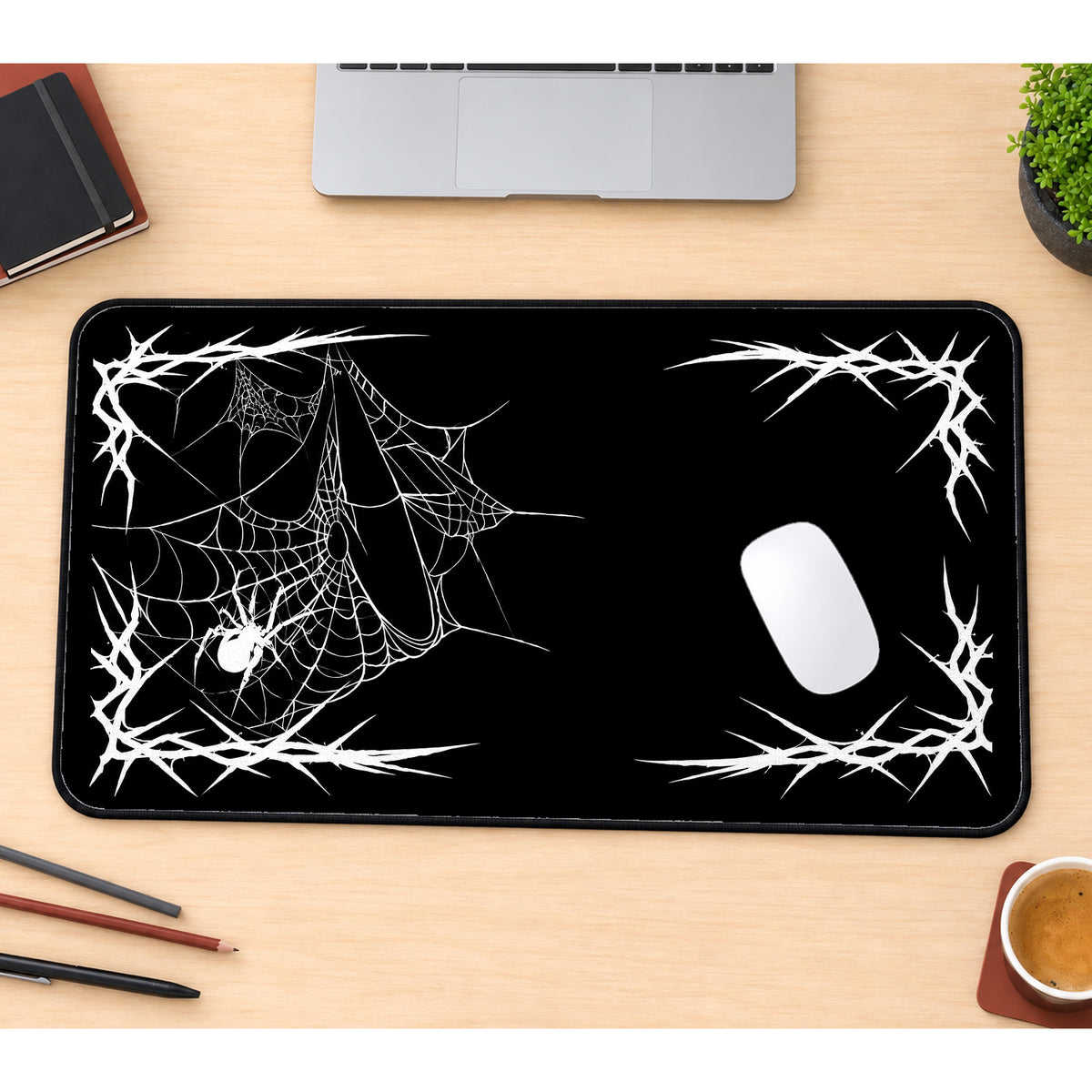 White Spiderweb Corner Frame desk mat — product mockup 1