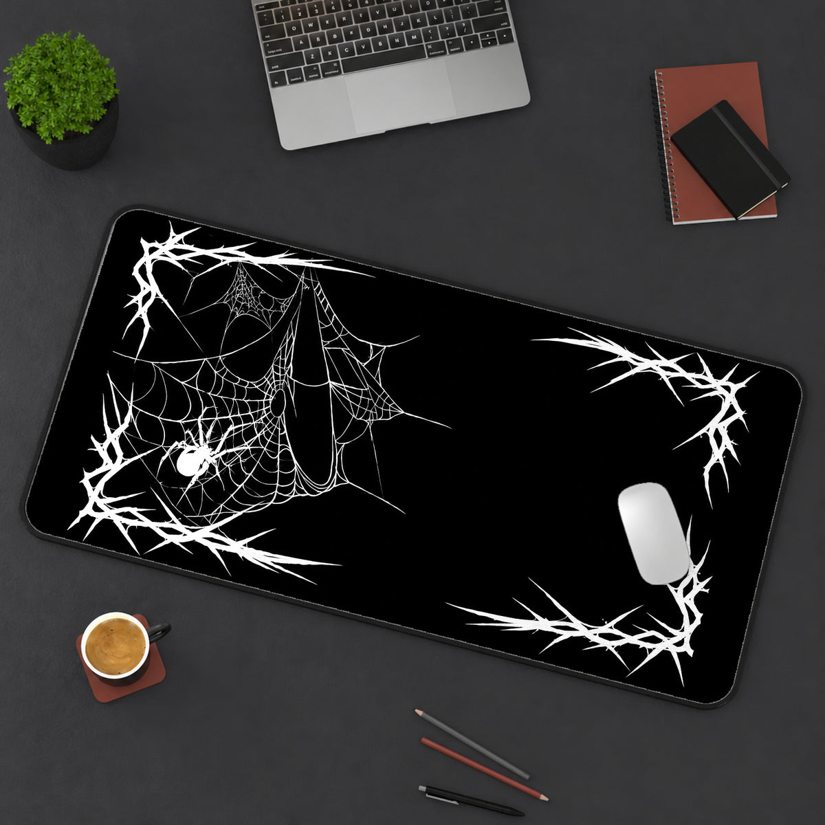 White Spiderweb Corner Frame desk mat — product mockup 3
