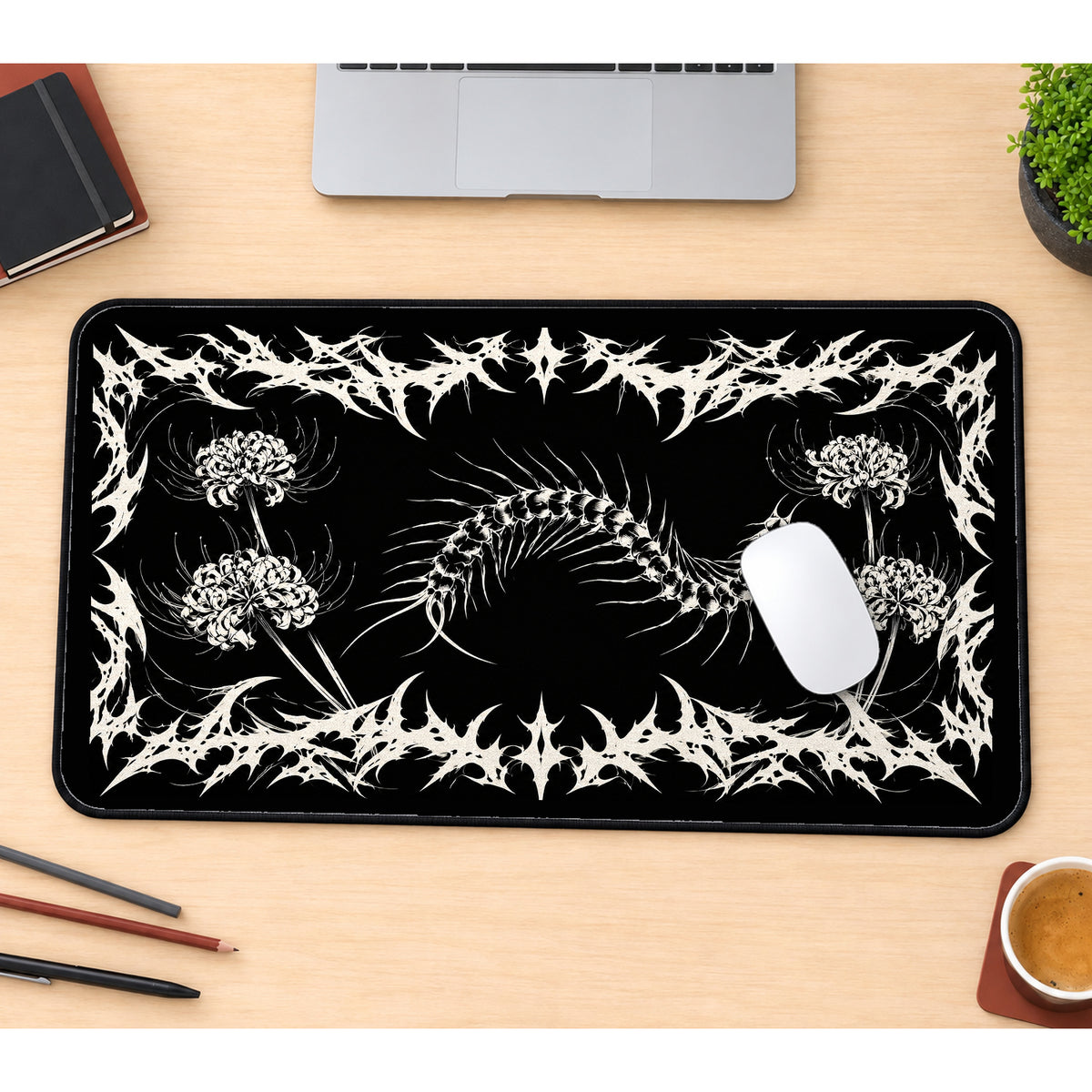 Centipede and Thorned Flowers desk mat — product mockup 1