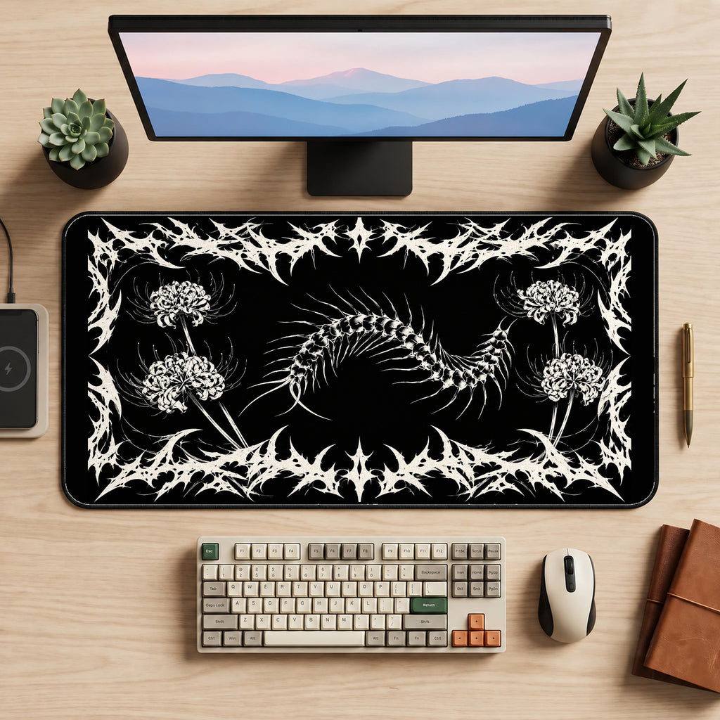Centipede and Thorned Flowers desk mat — product mockup 2