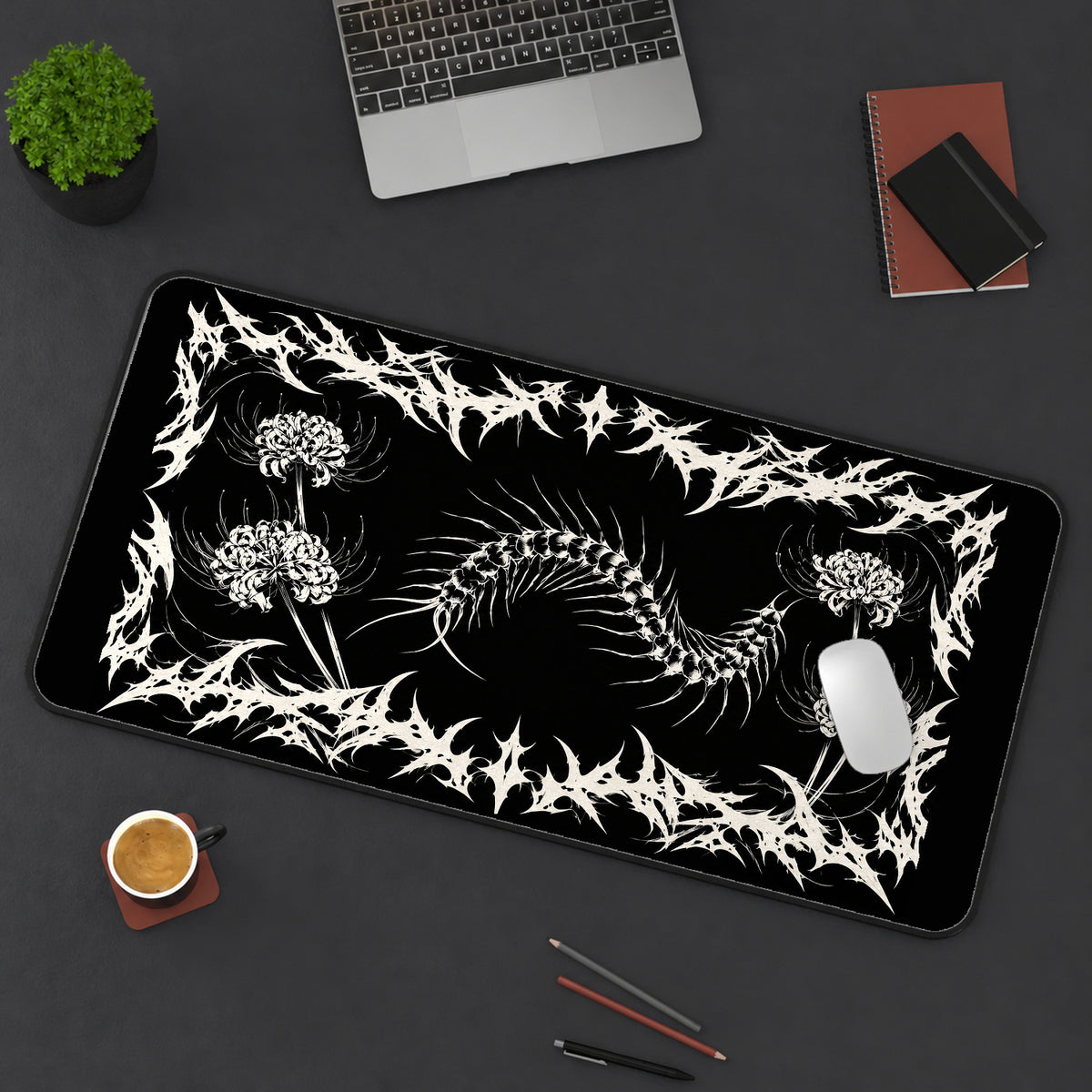 Centipede and Thorned Flowers desk mat — product mockup 3