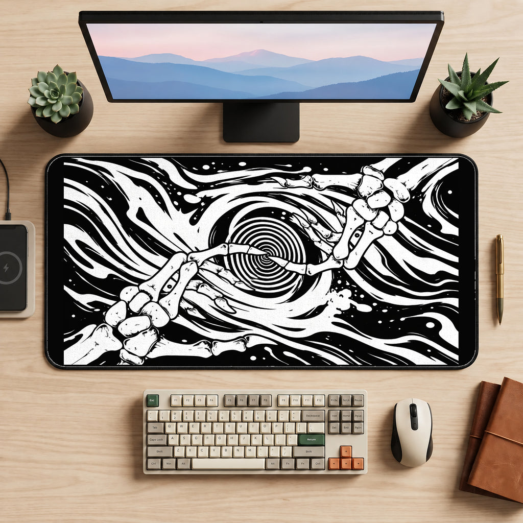 Skeleton Hands in a Swirling Void desk mat — product mockup 2