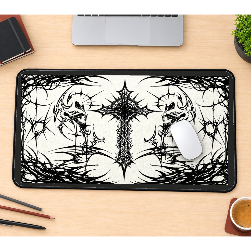 White Gothic Ornamental Cross desk mat — product mockup 1