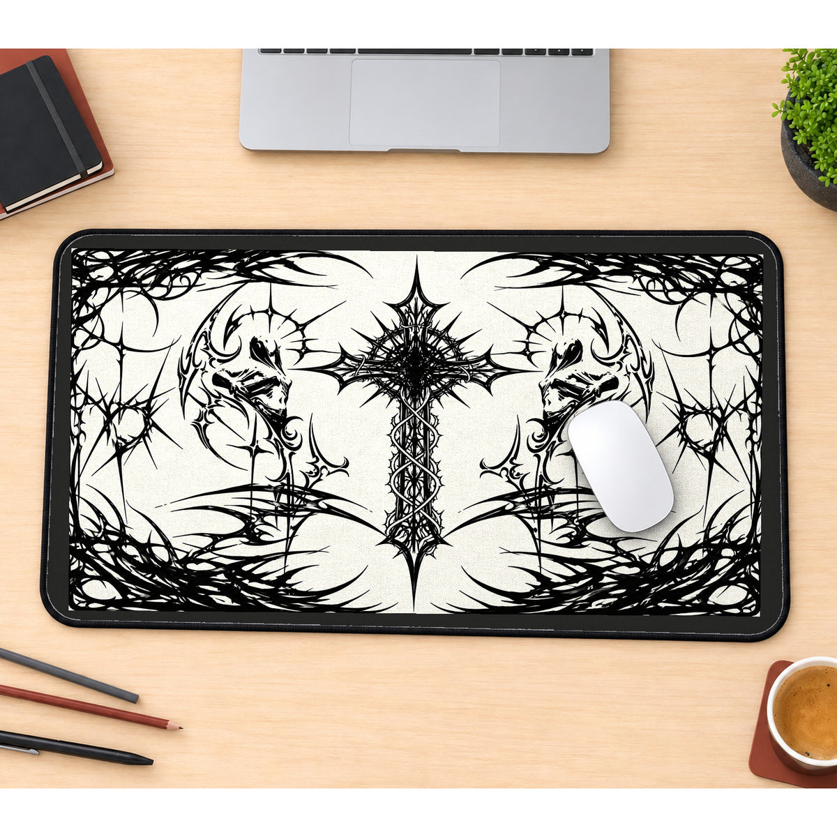 White Gothic Ornamental Cross desk mat — product mockup 1