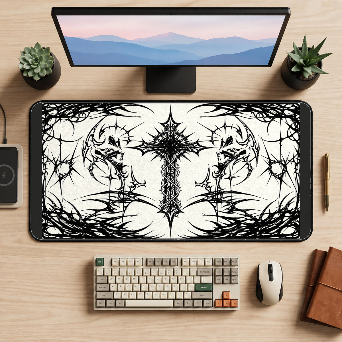White Gothic Ornamental Cross desk mat — product mockup 2