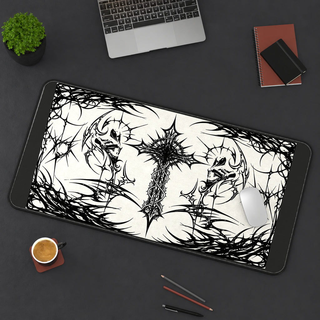 White Gothic Ornamental Cross desk mat — product mockup 3