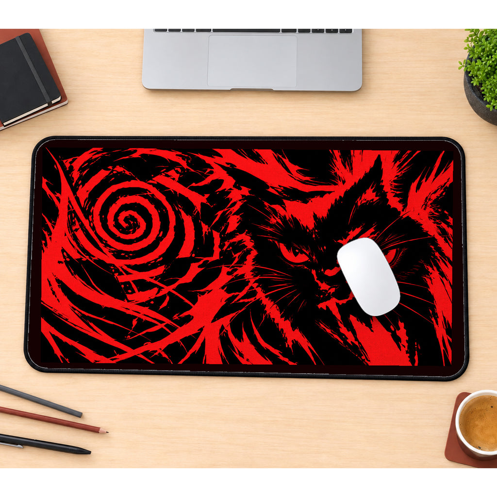 Red and Black Spiral Cat desk mat — product mockup 1