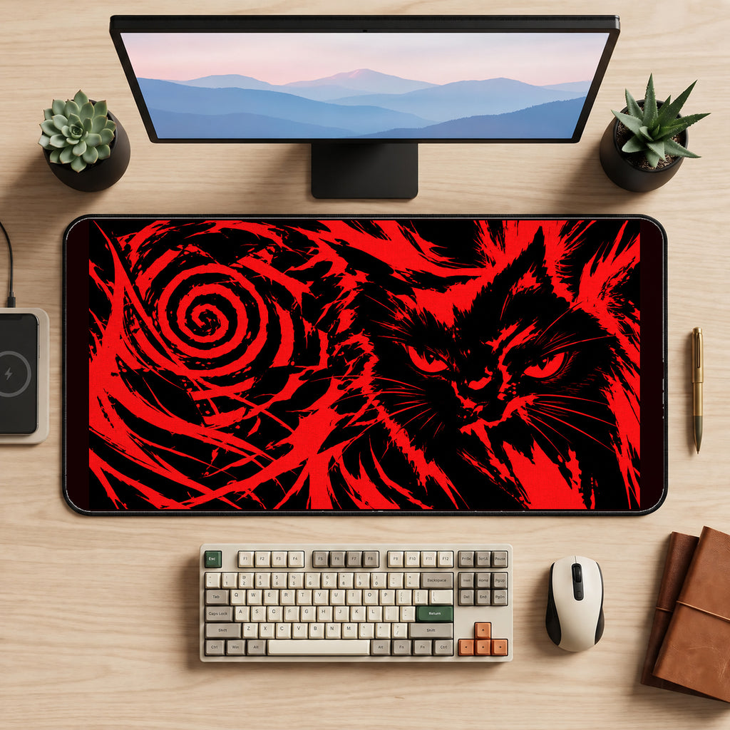 Red and Black Spiral Cat desk mat — product mockup 2