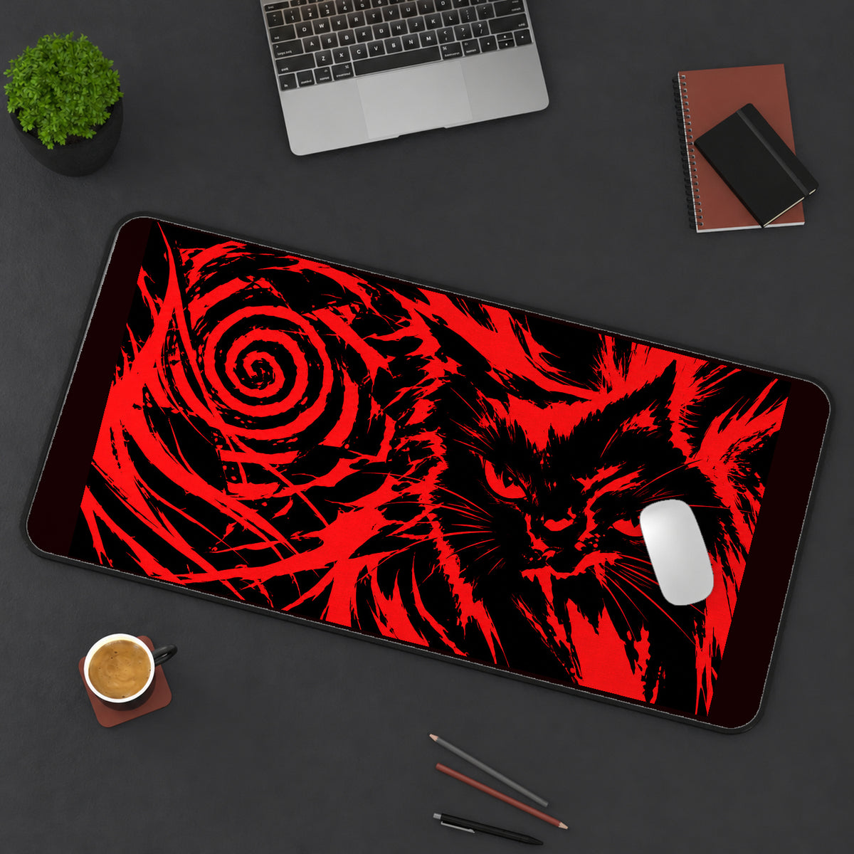 Red and Black Spiral Cat desk mat — product mockup 3