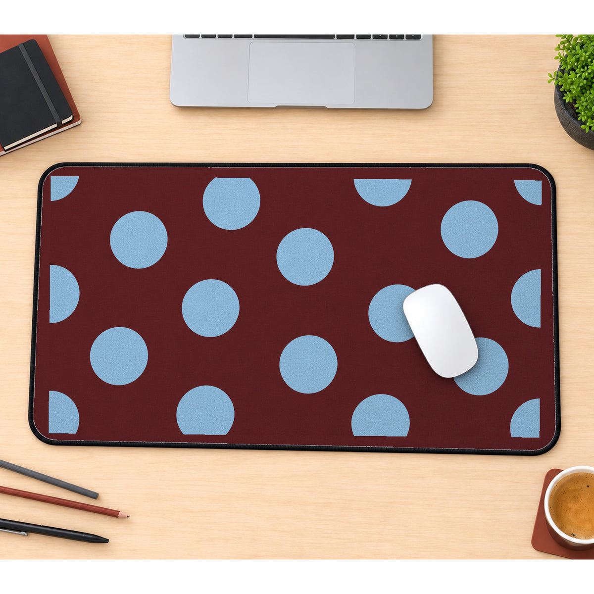 Sky Blue Dots on Burgundy desk mat — product mockup 1