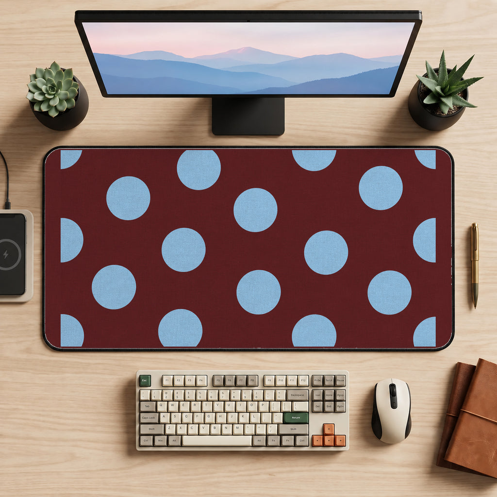 Sky Blue Dots on Burgundy desk mat — product mockup 2