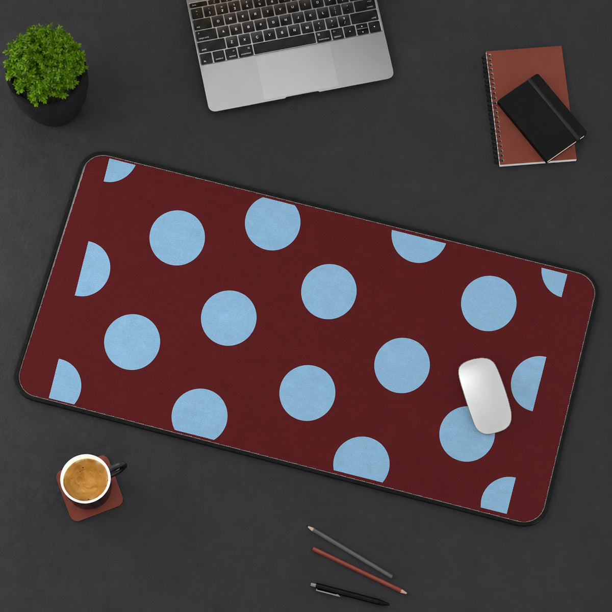 Sky Blue Dots on Burgundy desk mat — product mockup 3