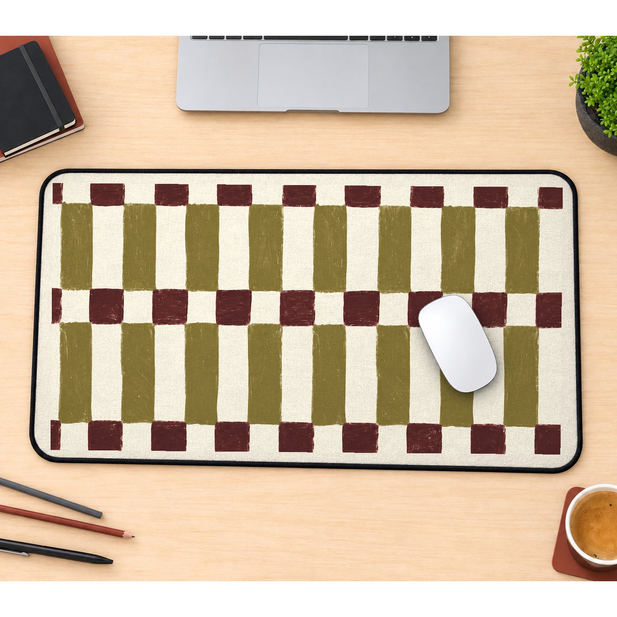 Olive and Burgundy Painted Checks desk mat — product mockup 1