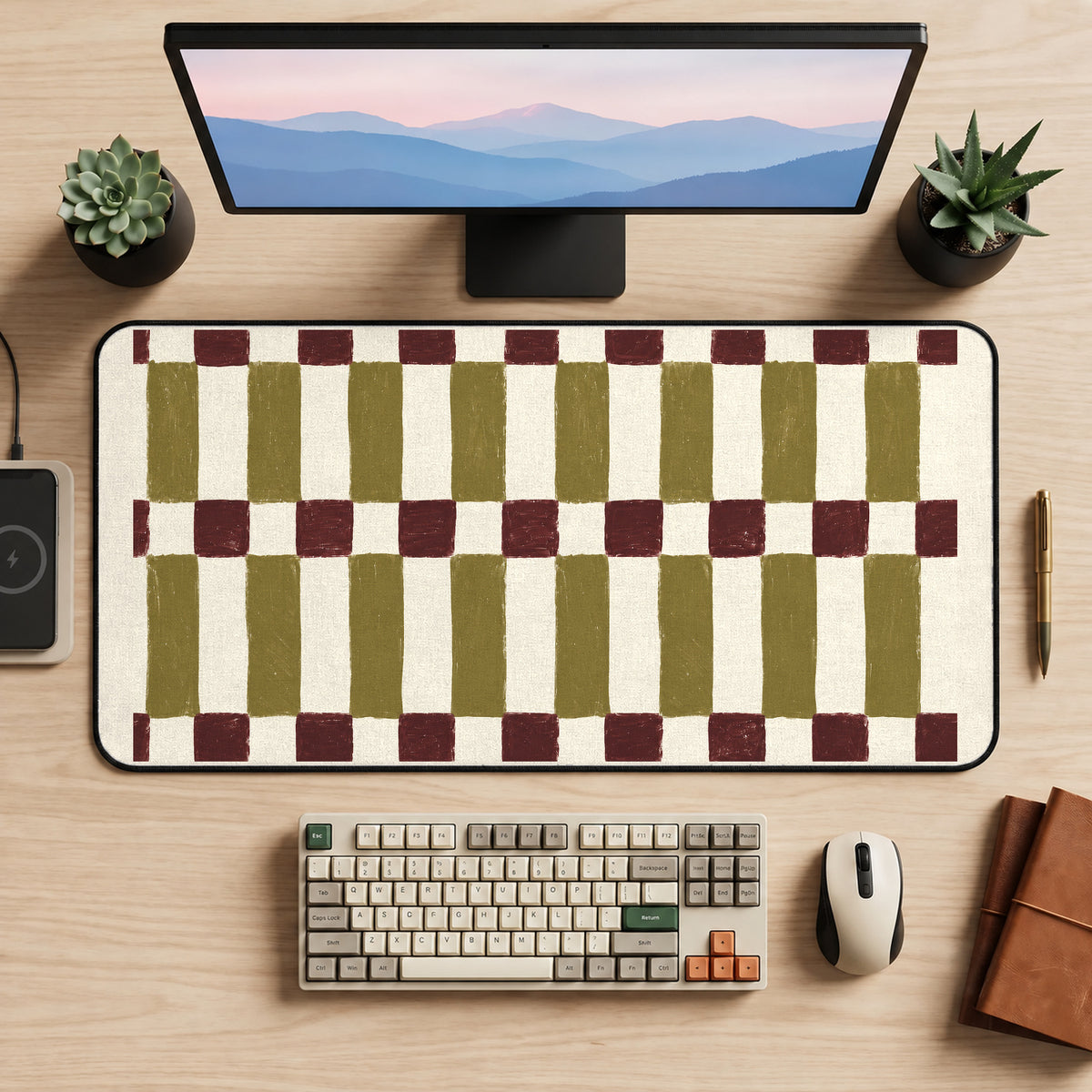 Olive and Burgundy Painted Checks desk mat — product mockup 2