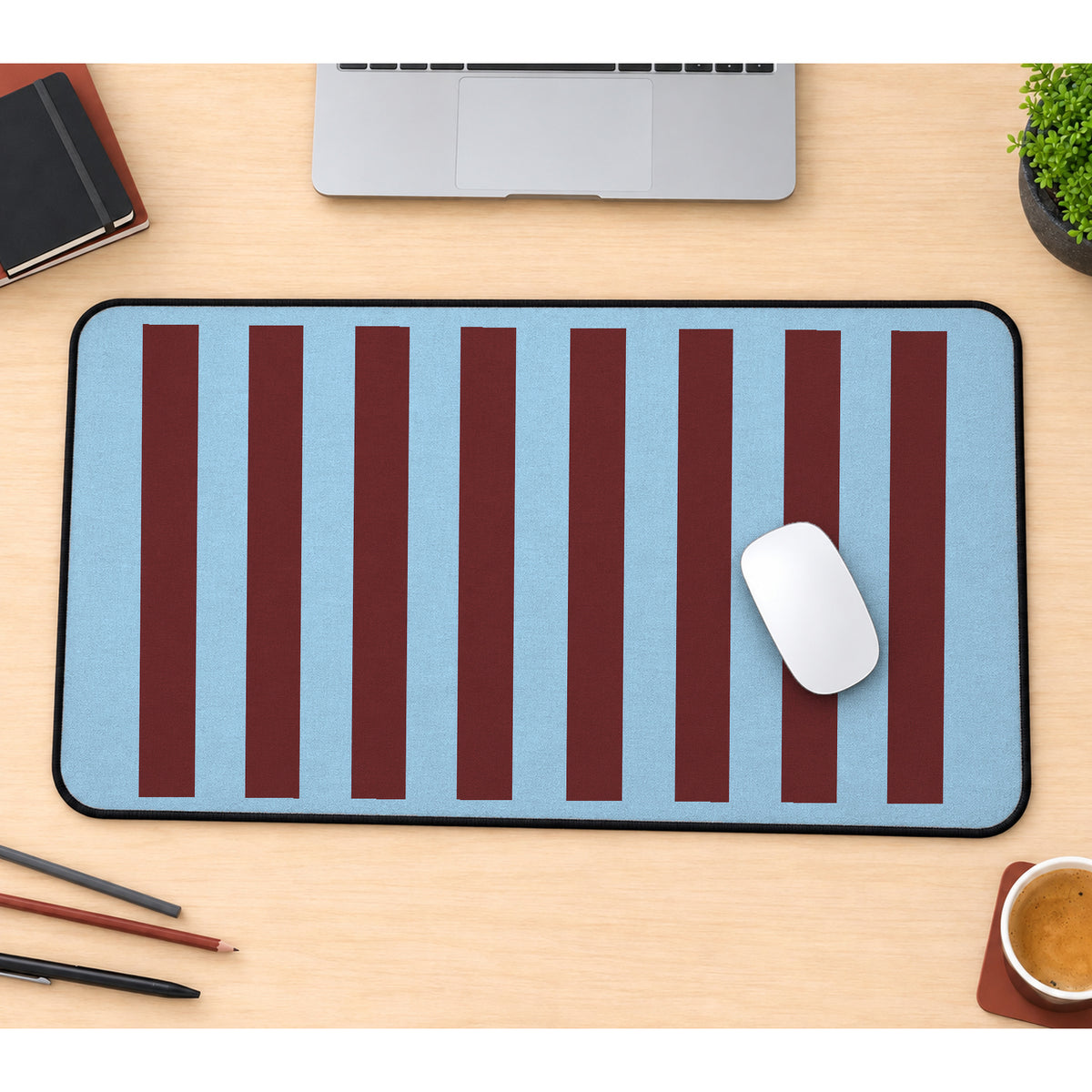 Blue and Maroon Vertical Stripes desk mat — product mockup 1