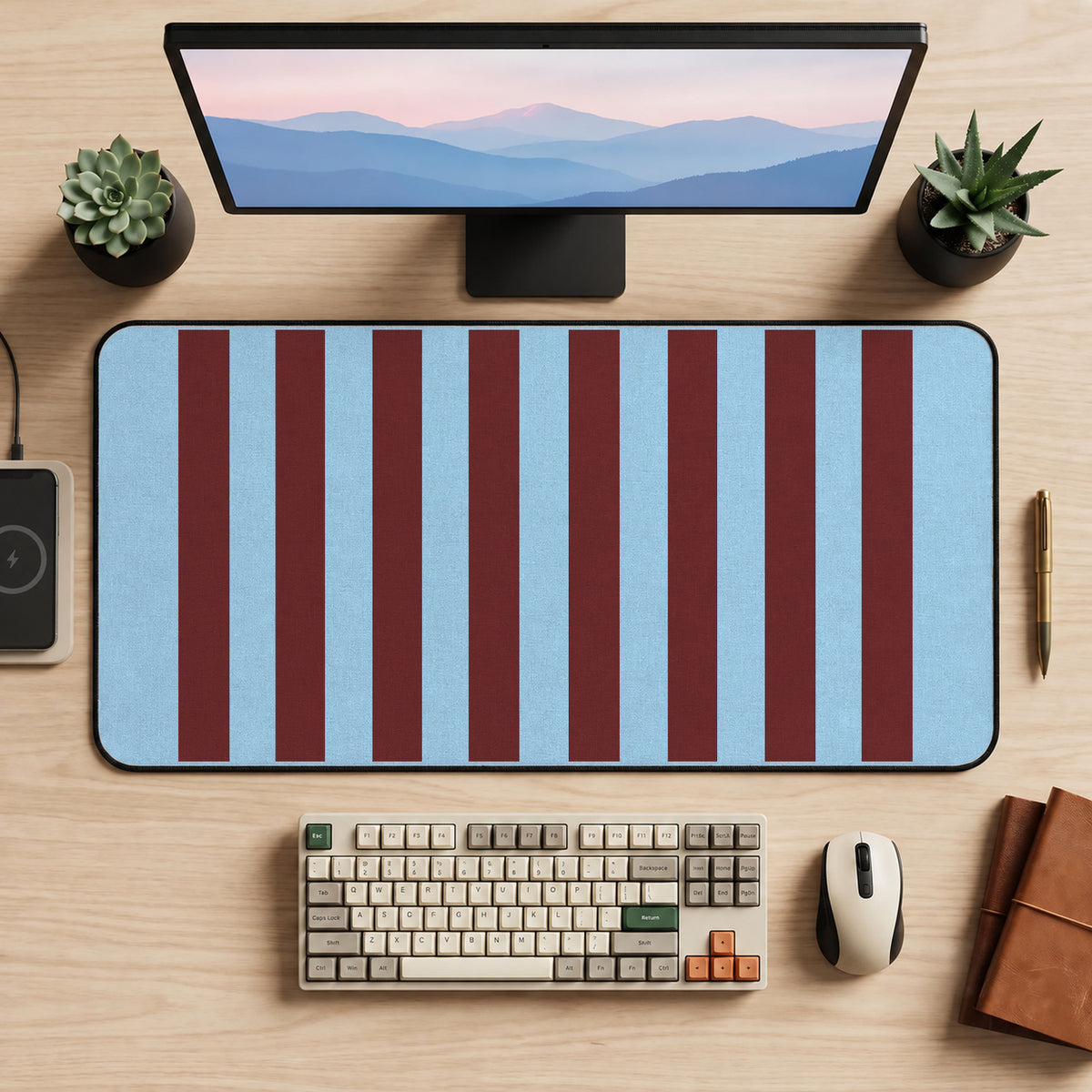 Blue and Maroon Vertical Stripes desk mat — product mockup 2