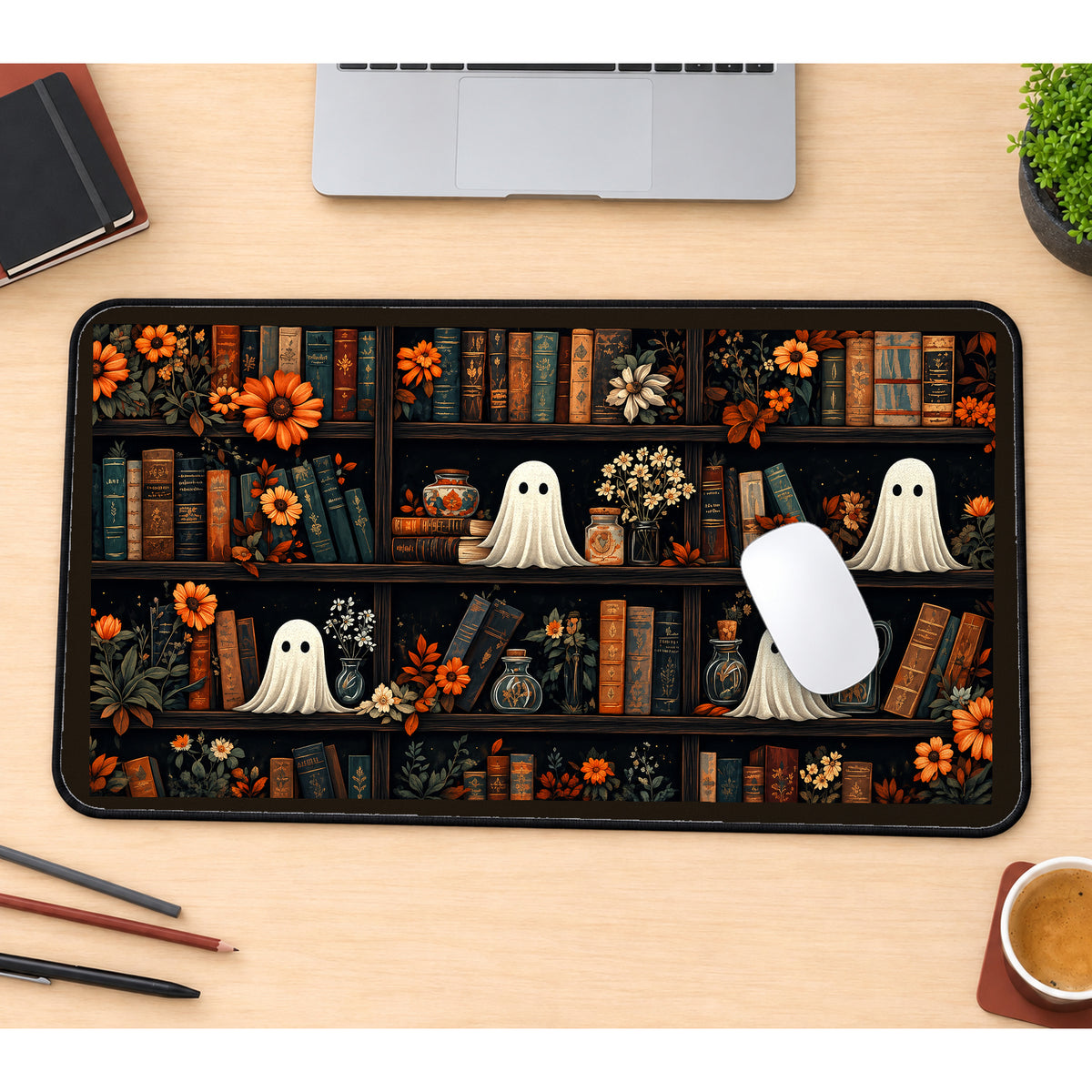 Tiny Ghosts on Autumn Bookshelves desk mat — product mockup 1