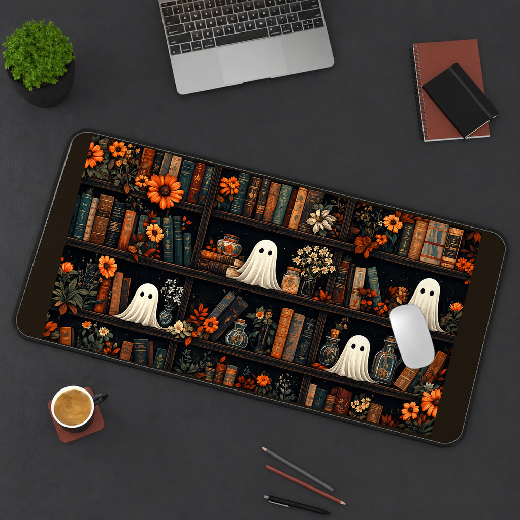 Tiny Ghosts on Autumn Bookshelves desk mat — product mockup 3