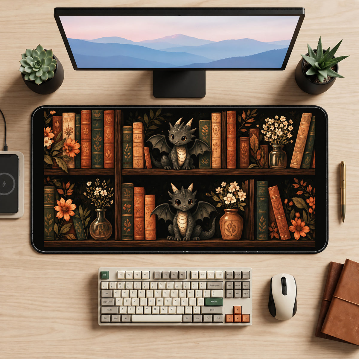Baby Dragons in a Book Nook desk mat — product mockup 2