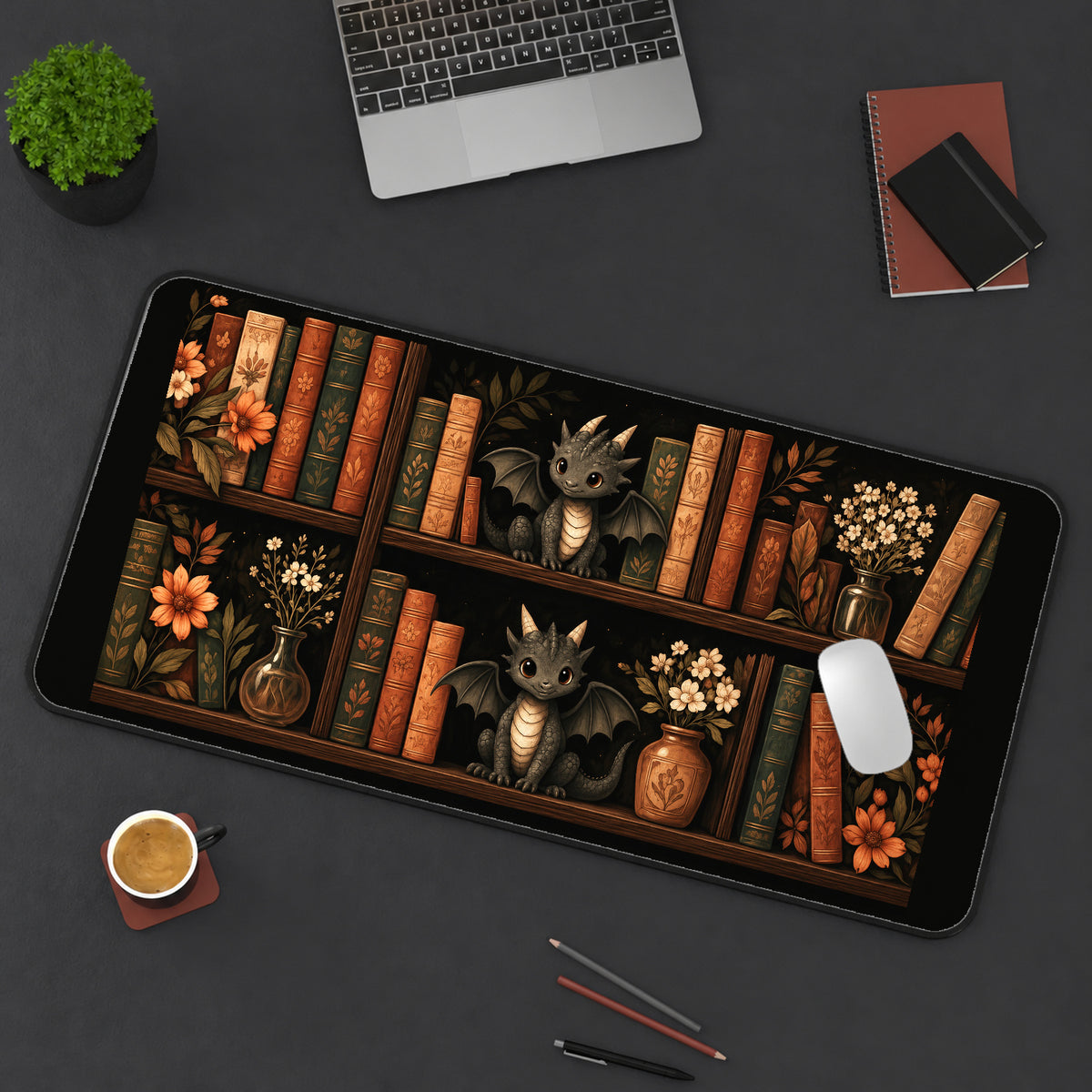 Baby Dragons in a Book Nook desk mat — product mockup 3