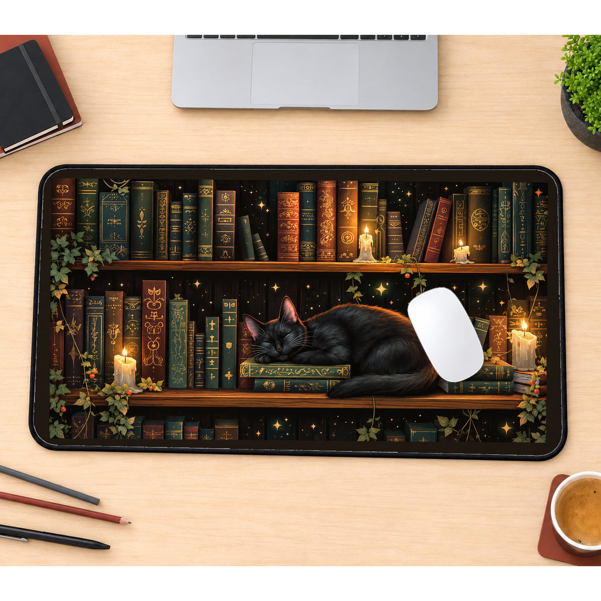 Sleeping Black Cat Bookshelf desk mat — product mockup 1